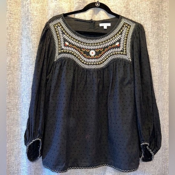 Max Studio Tops - Max Studio  Women's Boho Embroidered Blouse XL Black Peasant Top Long Sleeve
